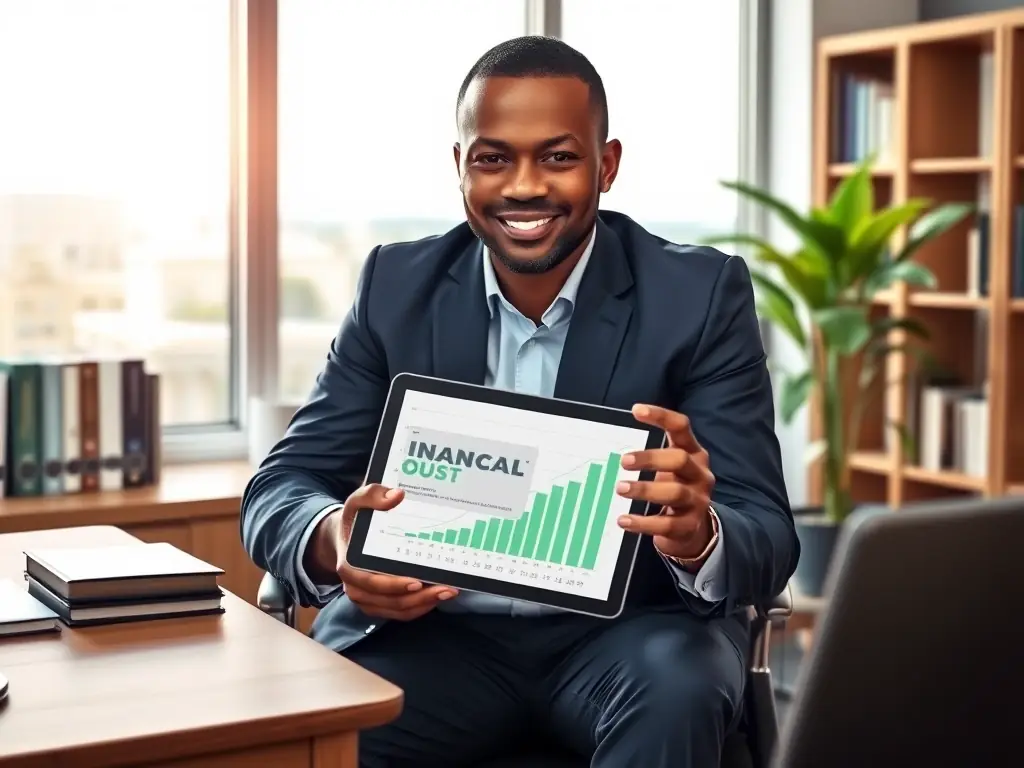 A professional South African financial consultant analyzing investment charts and data in a modern office setting, focusing on strategic investment planning.